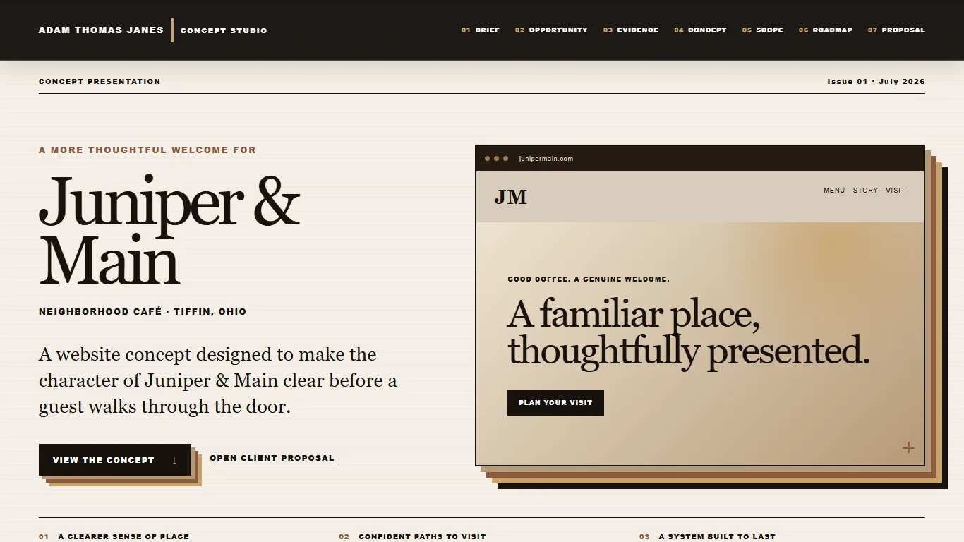 Client Concept and Proposal Kit showing the fictional Juniper and Main concept presentation at desktop size
