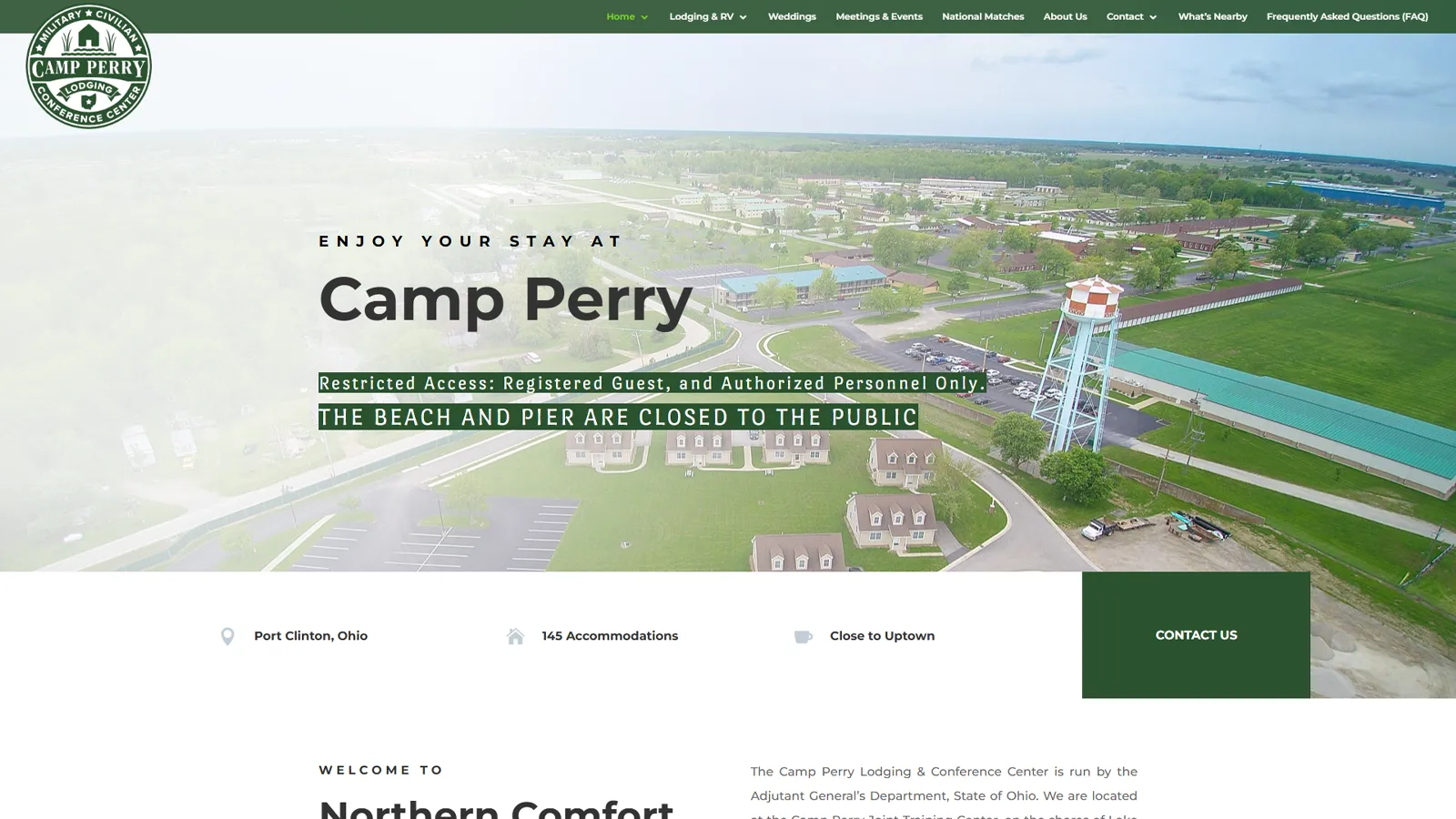 Camp Perry Lodging and Conference Center website homepage showing the hospitality brand and reservation experience