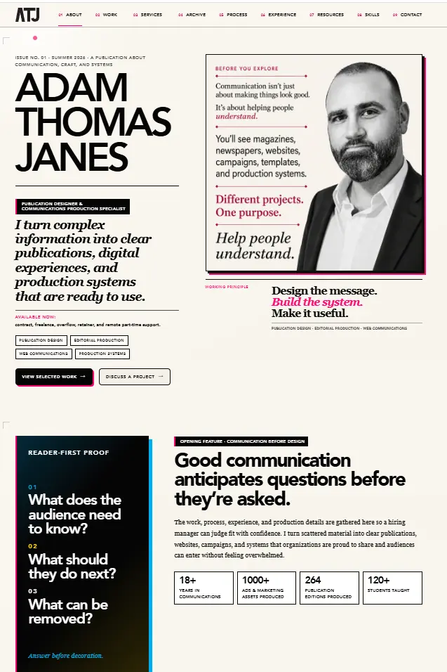 Latest Adam Thomas Janes portfolio homepage hero showing the publication-inspired navigation, professional positioning, portrait, services, and primary calls to action