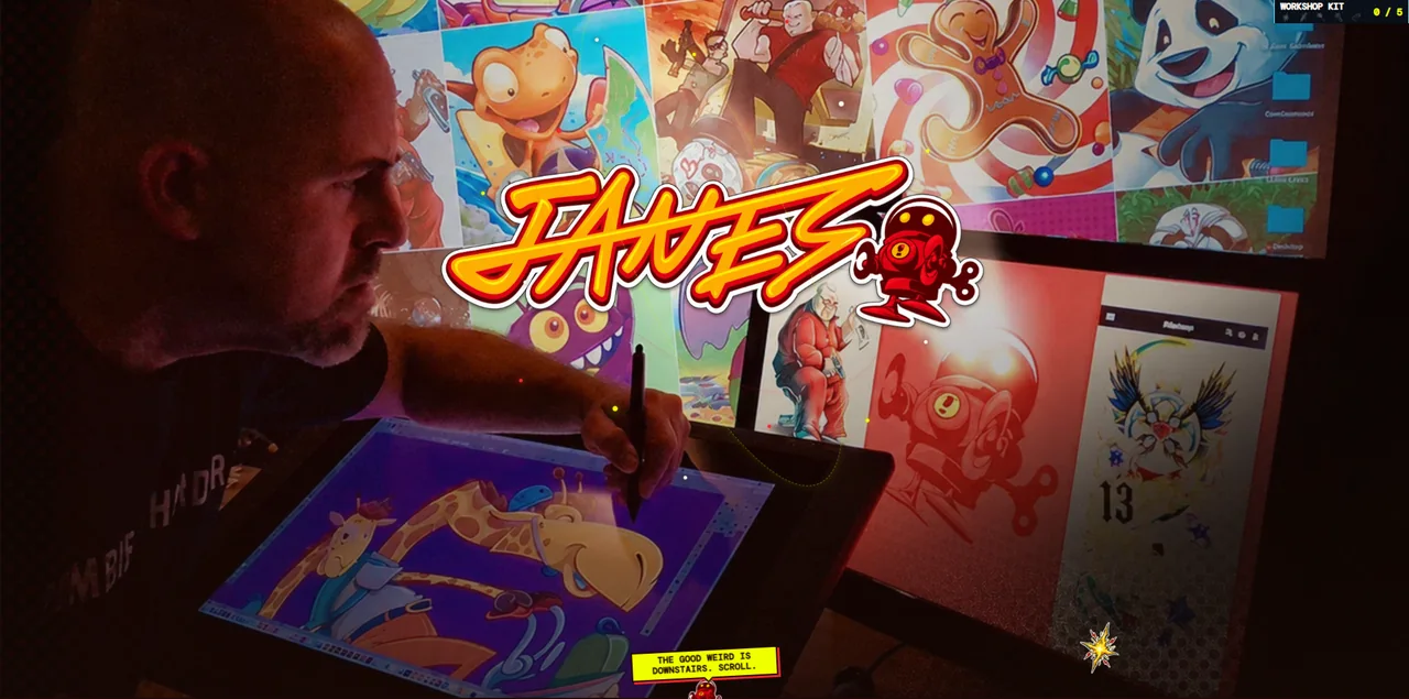 Joshua working at a drawing tablet in front of a wall of colorful illustrations, with the Joshua Janes logo