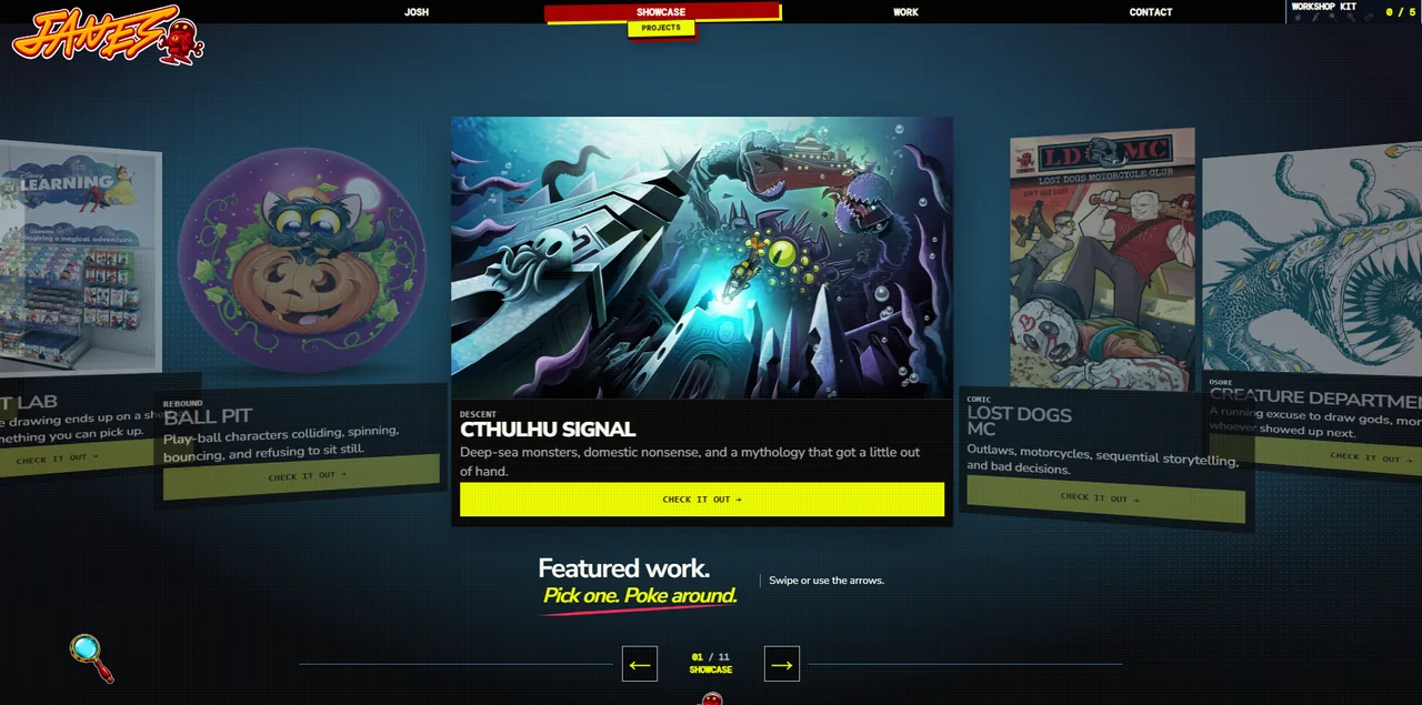 Horizontal project showcase centered on Cthulhu Signal, with neighboring project cards and arrow controls