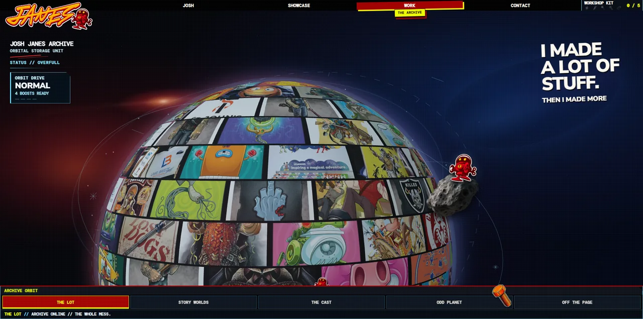 Globe tiled with Joshua’s artwork, with labeled archive filters across the bottom