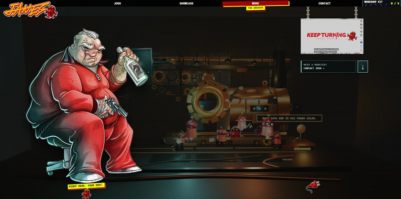 Illustrated character in a red jumpsuit beside a mechanical workshop, small robots and a contact link