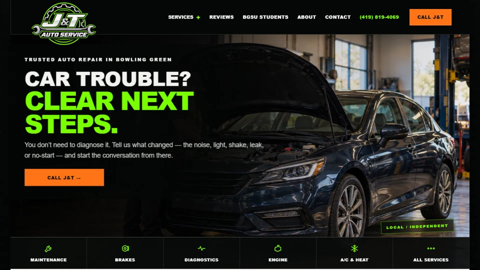 J&T Auto Service website with a car-trouble headline, a Call J&T action, and a strip of repair services