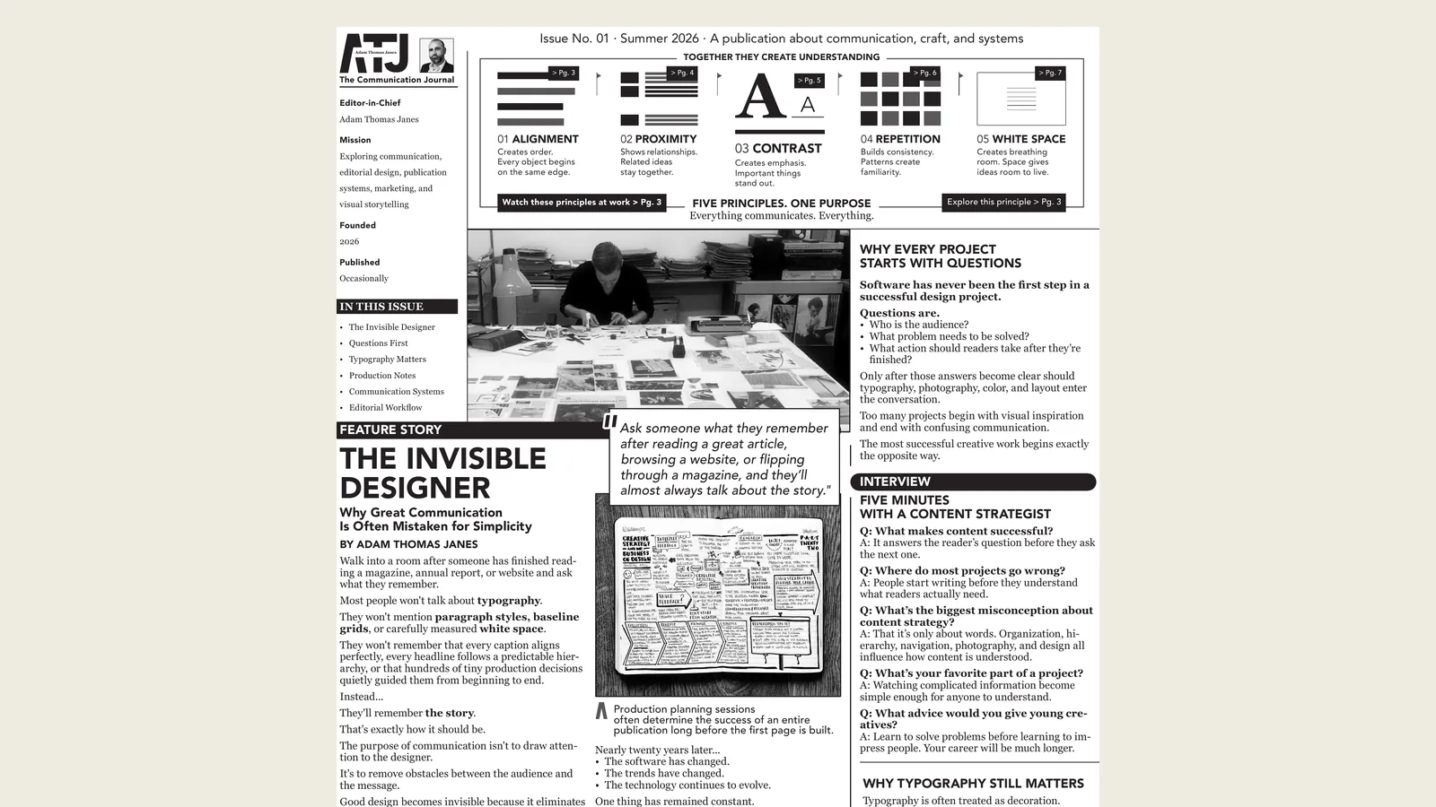 Upper portion of The Communication Journal front page showing the communication-principles infographic, editorial photography, and feature-story opening