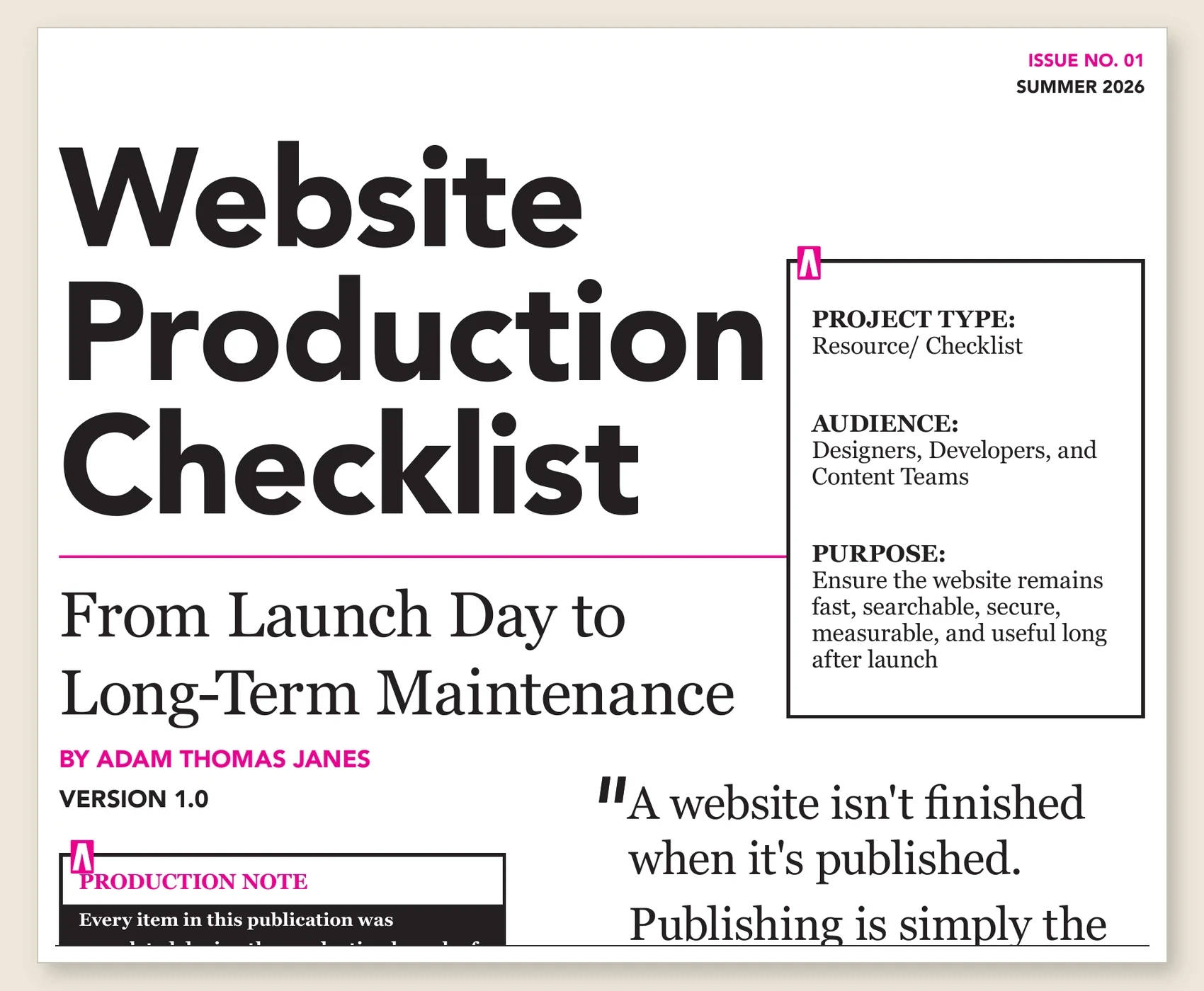 Cover of the Website Production Checklist showing its oversized editorial headline, production note, and launch philosophy