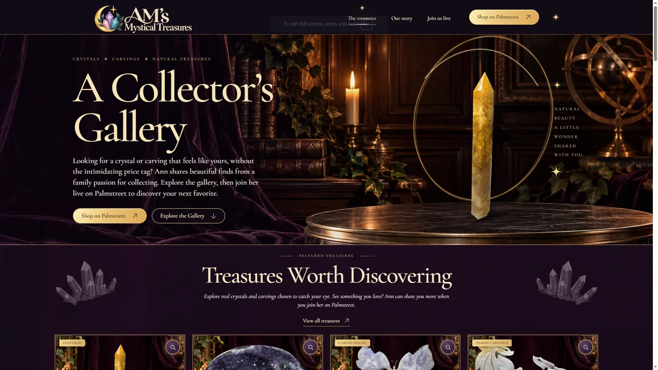AM’s Mystical Treasures collector’s gallery, with a golden crystal, product imagery and a Palmstreet shopping link