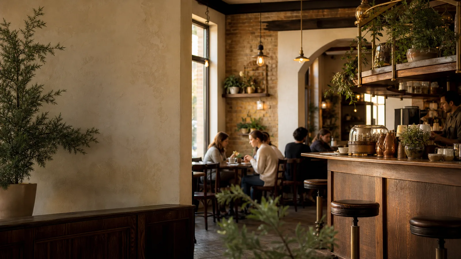 Warm, fictional Juniper and Main cafe interior