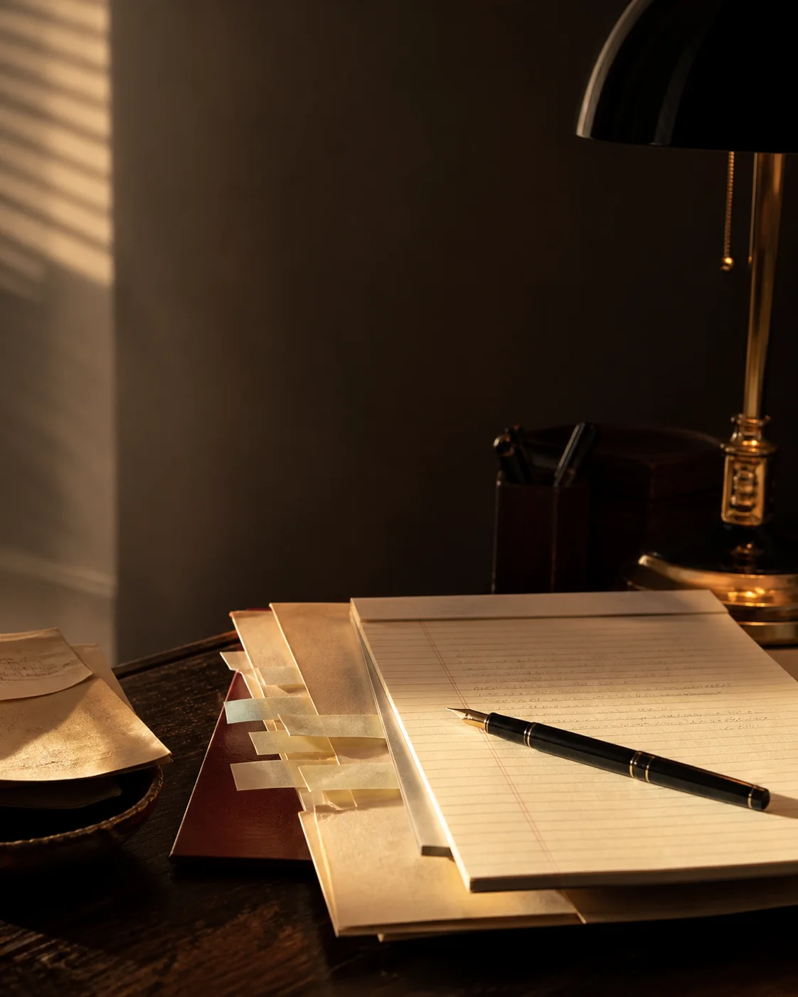Concept documentary still life suggesting criminal-defense case preparation