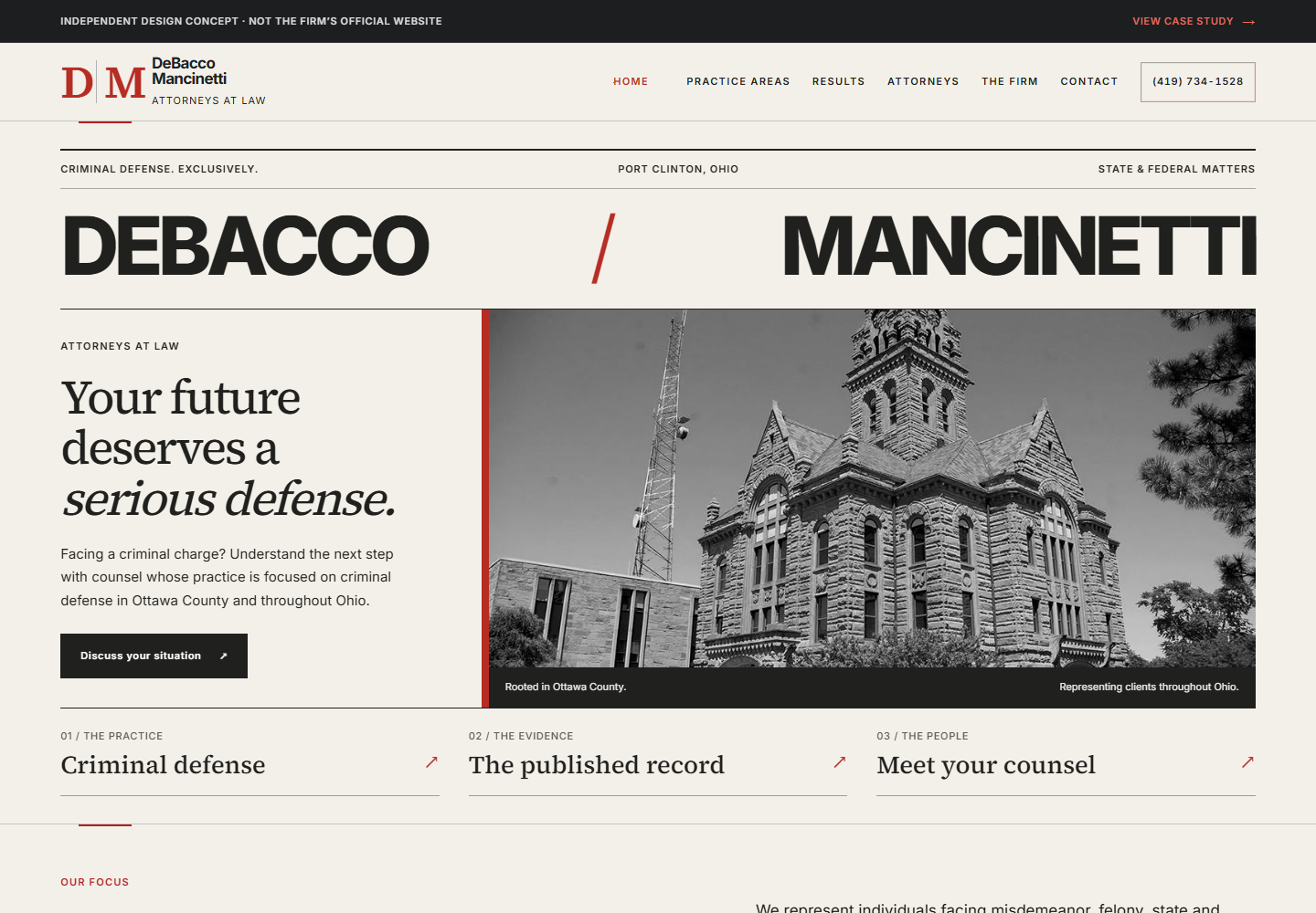 The redesigned homepage with a firm-name masthead, courthouse photograph and indexed navigation